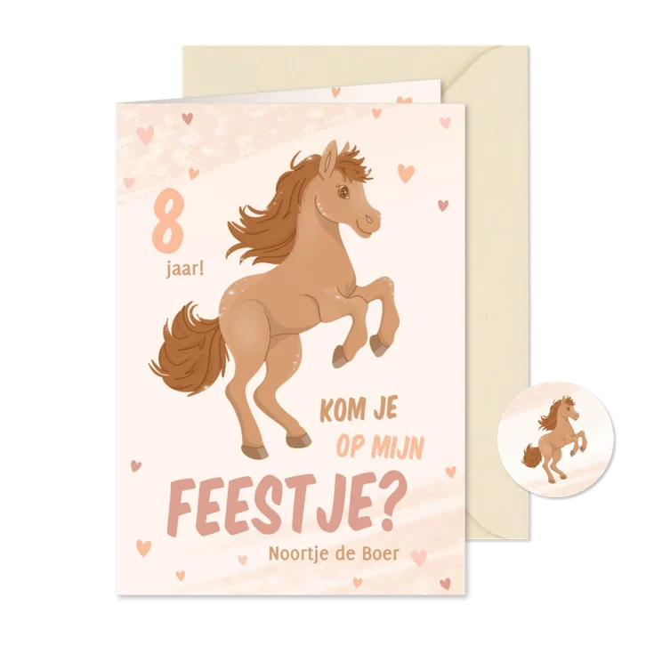 Beige uitnodigingen kinderfeestje met paard en hartjes