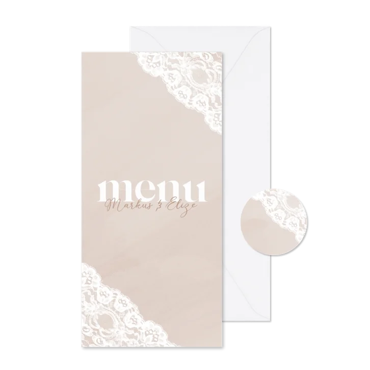  Beige waterverf menukaart met kant en witte typografie