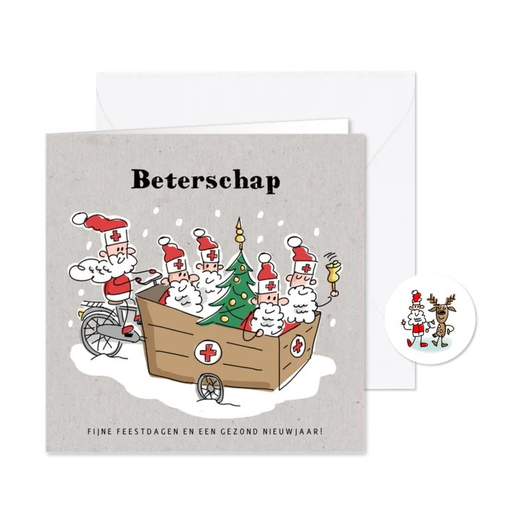 Beterschapskaart met kerstmannen en kerstboom in bakfiets