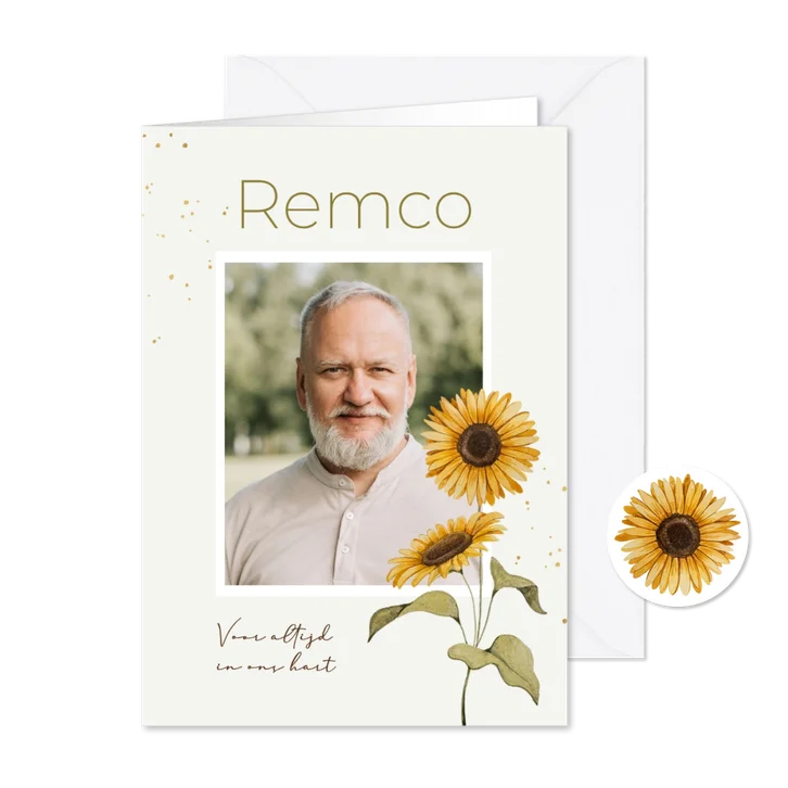 Bidprent gedachteniskaartje foto zonnebloemen waterverf