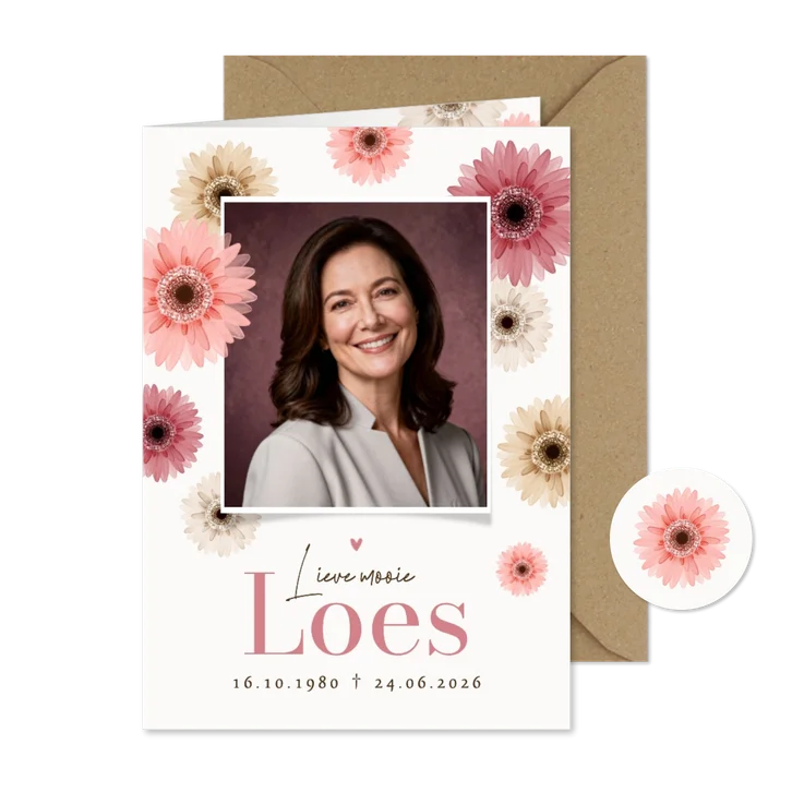 Bidprent herinneringskaart foto gerbera bloemen kleurrijk