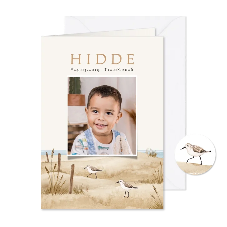 Bidprent rouwkaart strand zee vogels dieren landschap