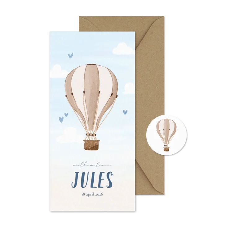 Blauw geboortekaartje met luchtballon en hartjes