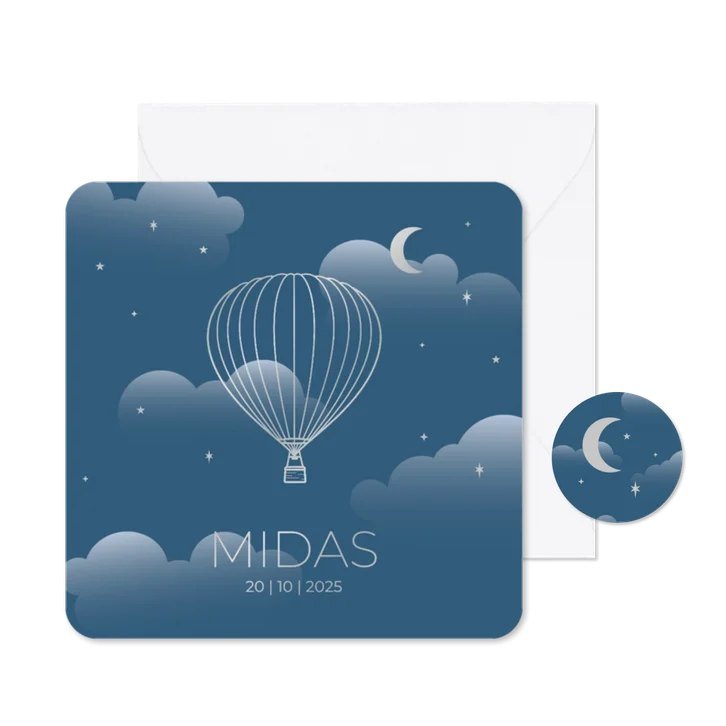 Blauw modern geboortekaartje met luchtballon zilver