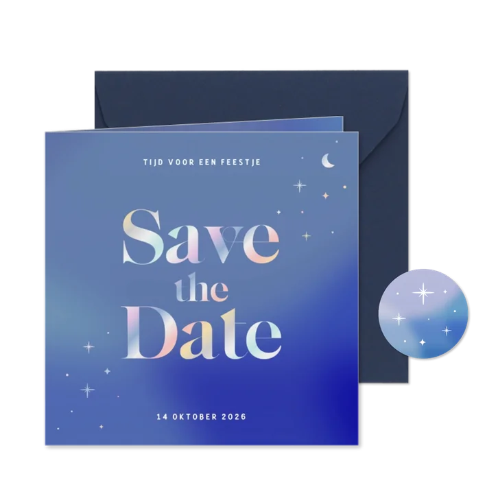 Blauwe save the date uitnodiging met holografische folie