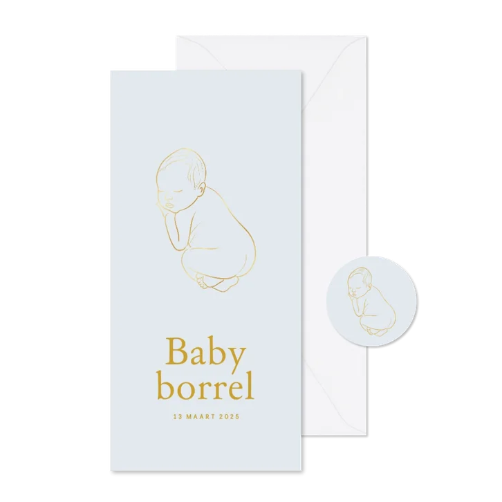 Blauwe uitnodiging baby borrel met een lijntekening