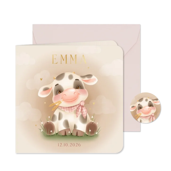 Boerderij geboortekaartje met meisjes koe wolkjes in gras