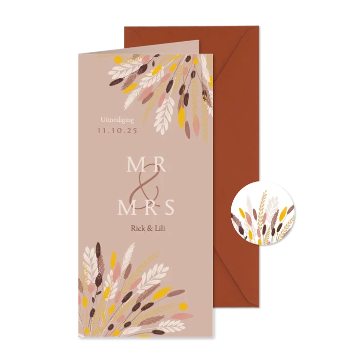 Bohemian chic trouwkaart illustratie droogbloemen boeket