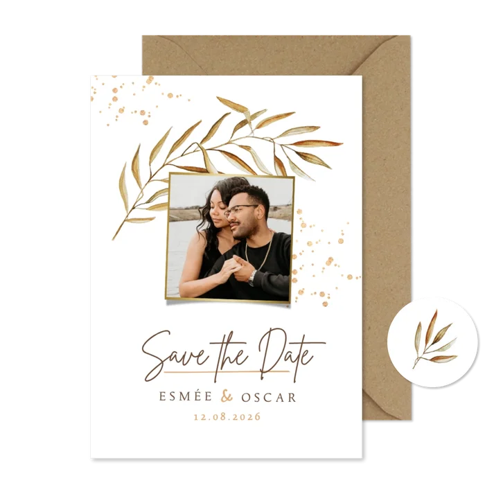 Bohemian save the date uitnodigingskaart blad goud