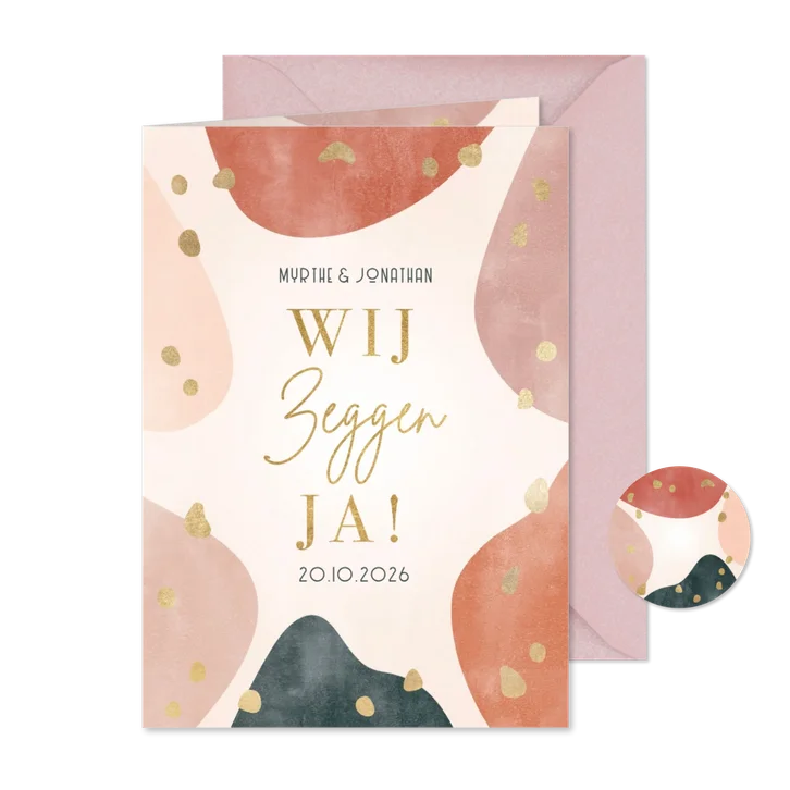 Bohemian trouwkaart geometrische vormen en gouden spetters