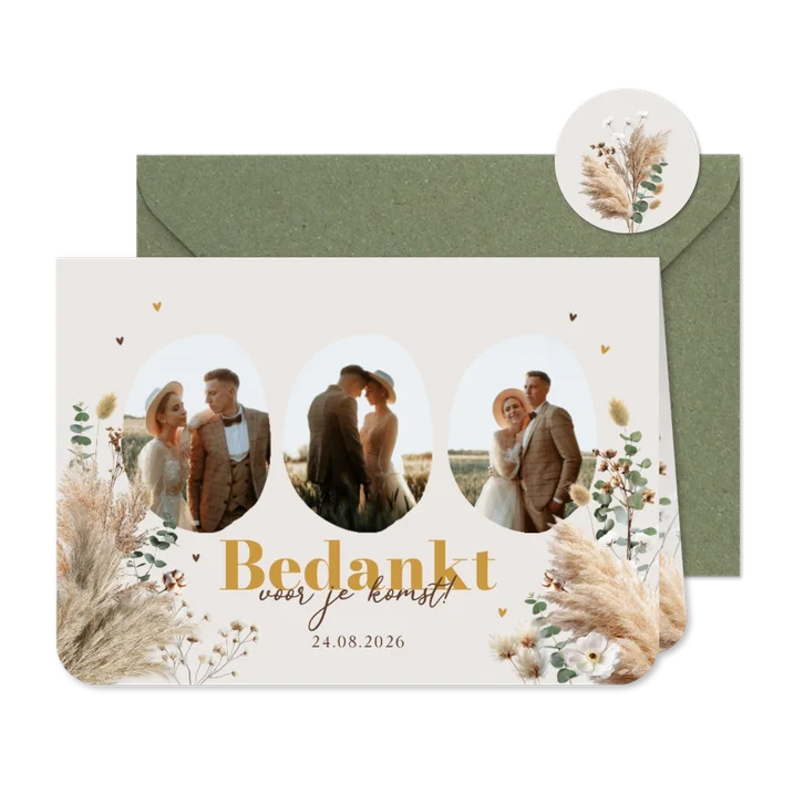 Boho trouwkaart bedankt voor je komst pampas eucalyptus