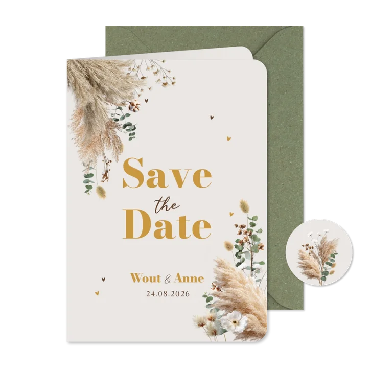 Boho trouwkaart save the date pampas eucalyptus