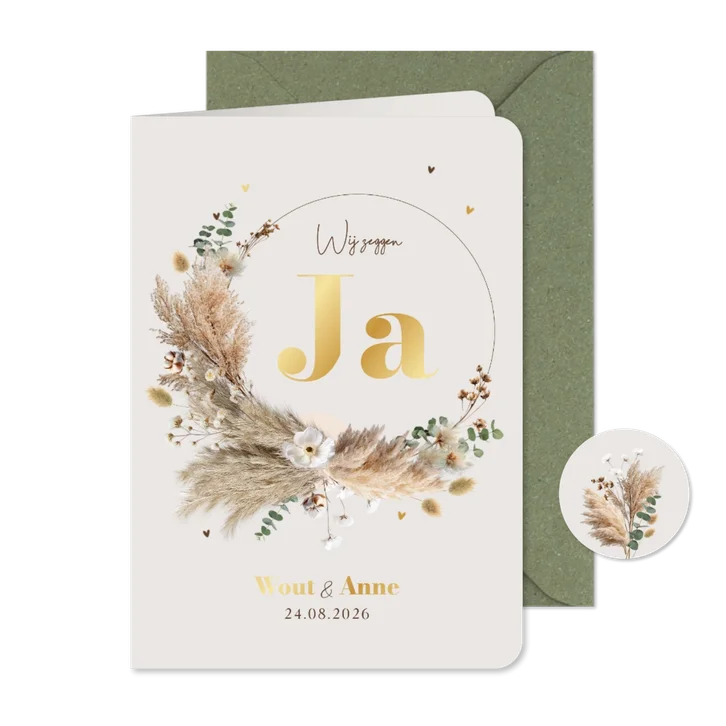 Boho trouwkaart save the date pampas krans goud