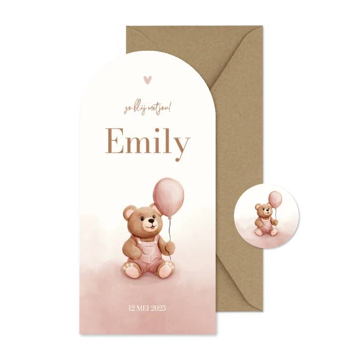 Boog geboortekaartje teddybeer met ballon roze waterverf