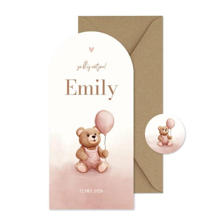 Boog geboortekaartje teddybeer met ballon roze waterverf