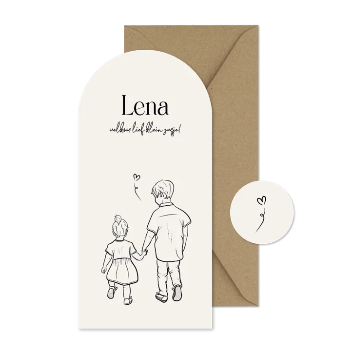 Boog geboortekaartje zusje met lijn illustratie zwart wit