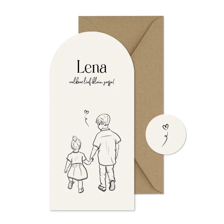 Boog geboortekaartje zusje met lijn illustratie zwart wit