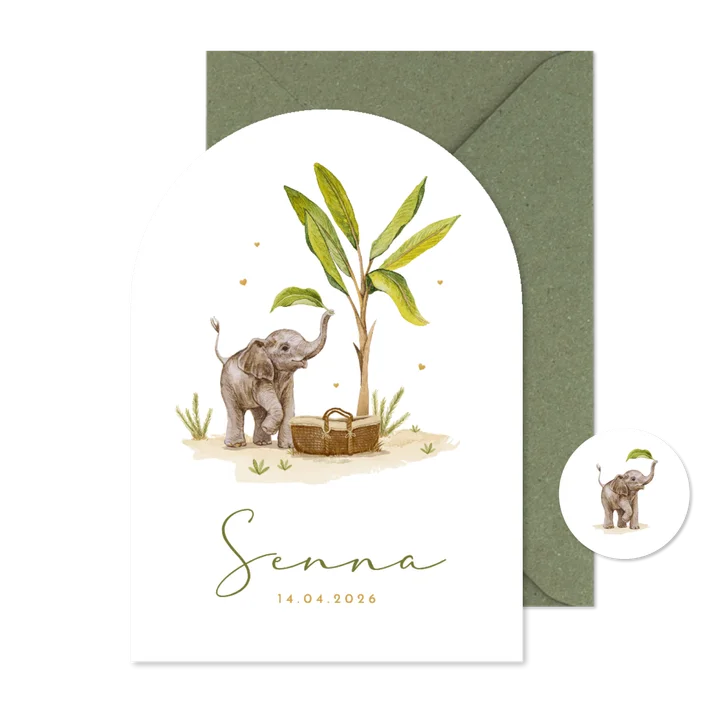 Boogkaart geboortekaartje olifant mandje baby bananenboom