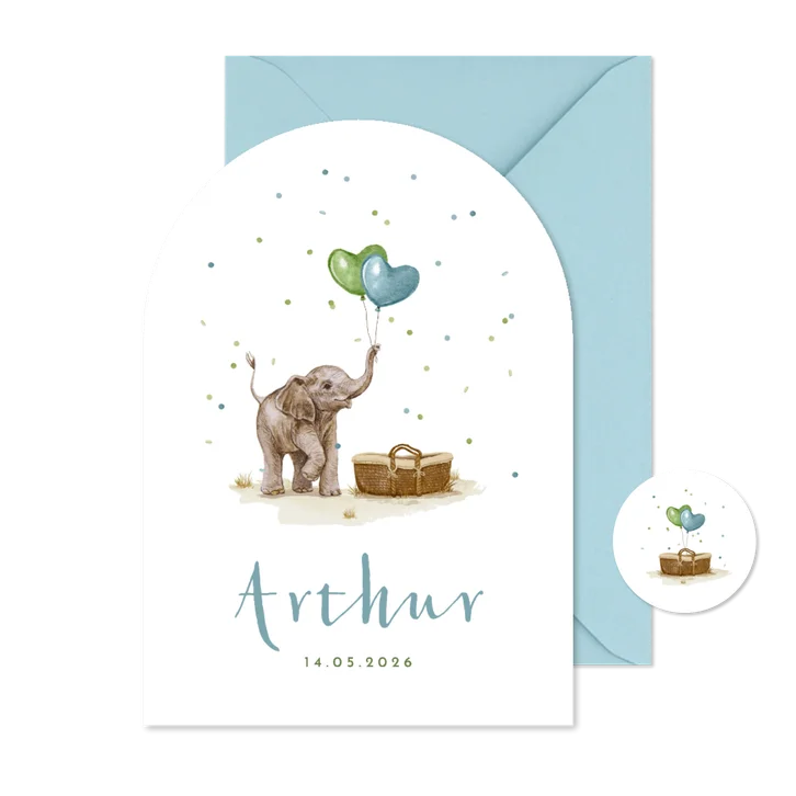 Boogkaart geboortekaartje olifantje mandje confetti jongen