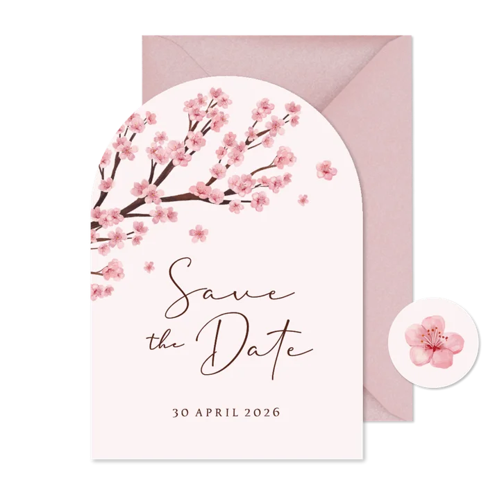 Boogkaart save the date lente bloesem roze romantisch