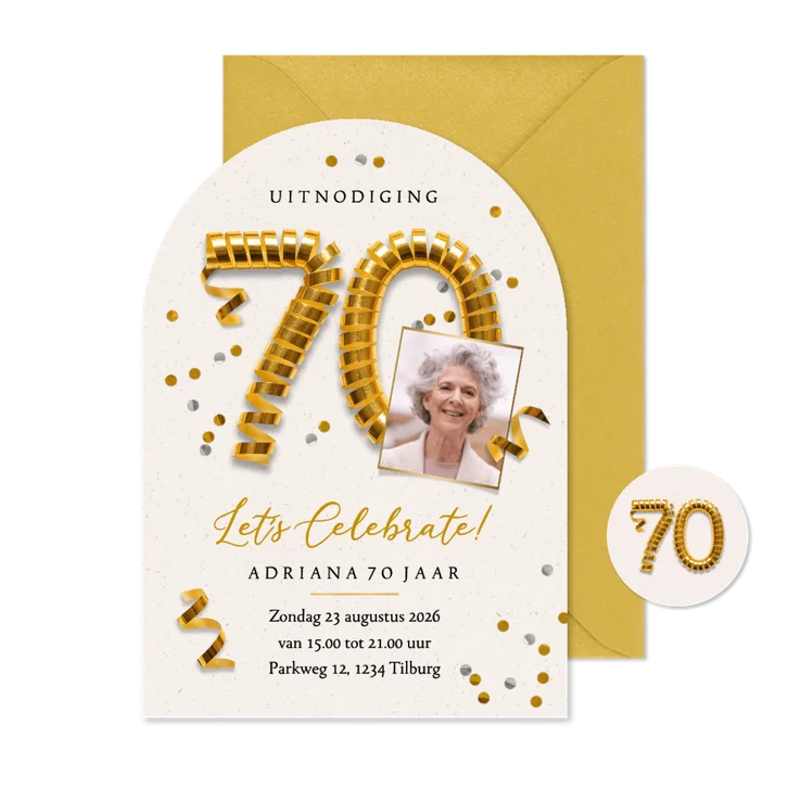 Boogkaart uitnodiging 70 jaar gouden slingers foto confetti