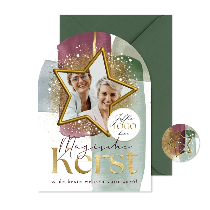 Boogvorm kerstkaart kleurrijk watercolor sterrenstof goud