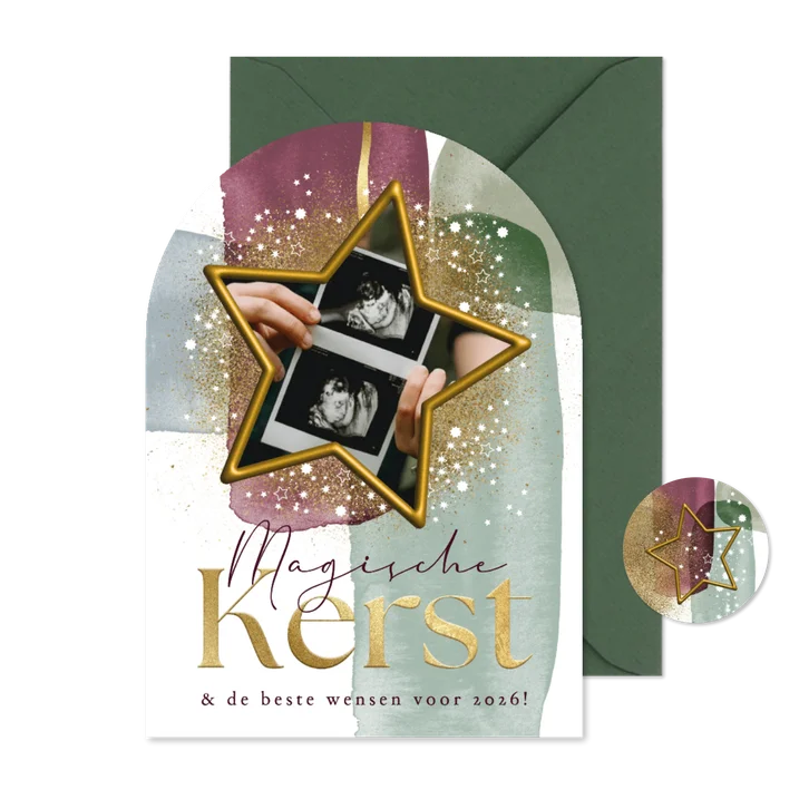 Boogvorm kerstkaart magische kerst sterren goud waterverf