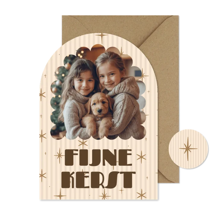 Boogvorm kerstkaart met foto, streepjes en sterren 