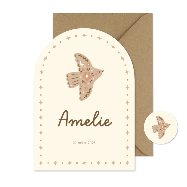 Boogvormig geboortekaartje duifje met geïllustreerde details