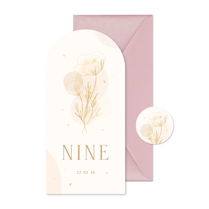 Boogvormig geboortekaartje lijntekening bloemen 