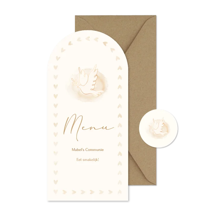 Boogvormig menukaartje met duif en kader van hartjes