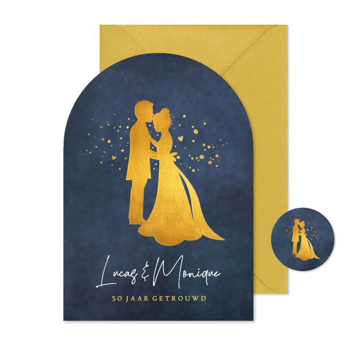 Boogvormige uitnodiging huwelijksjubileum gouden silhouet