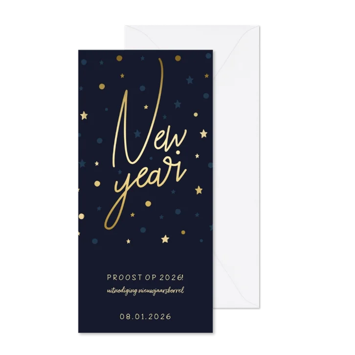 Borrel uitnodiging 'New Year' gouden sterren en confetti