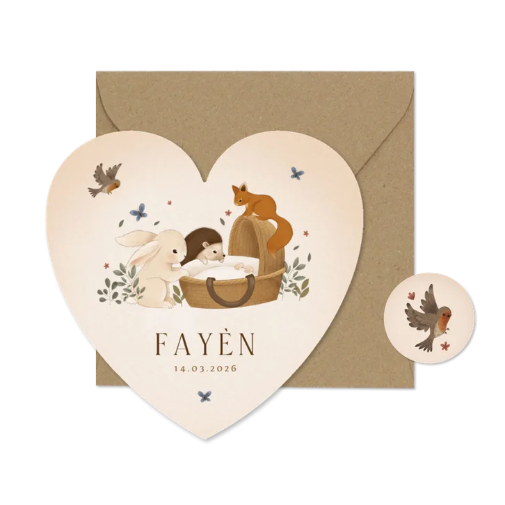 Bos geboortekaartje konijn egel eekhoorn vogel en vlinders