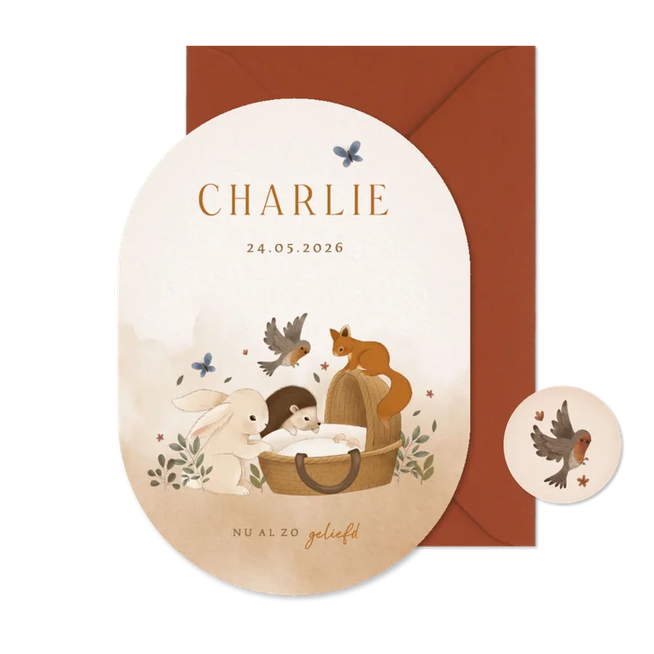 Bosdieren geboortekaartje konijn egel eekhoorn vogel wiegje