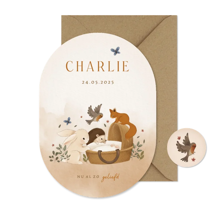 Bosdieren geboortekaartje konijn egel eekhoorn vogel wiegje 