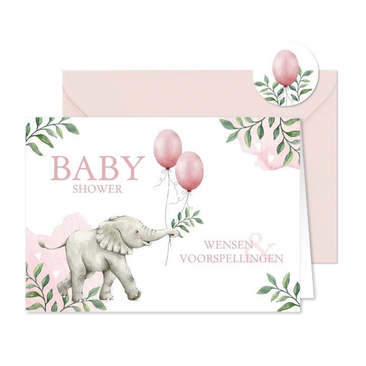 Botanisch babyshower invulkaartje met olifantje en ballonnen