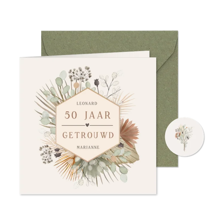 Botanisch uitnodiging jubileumfeest met droogbloemen 