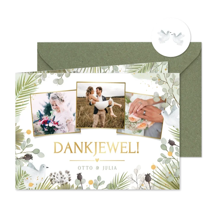 Botanische bedankt kaart trouwen met duifjes en 3 foto's