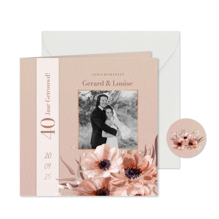 Botanische jubileumkaart stijlvol met wikkel effect en foto