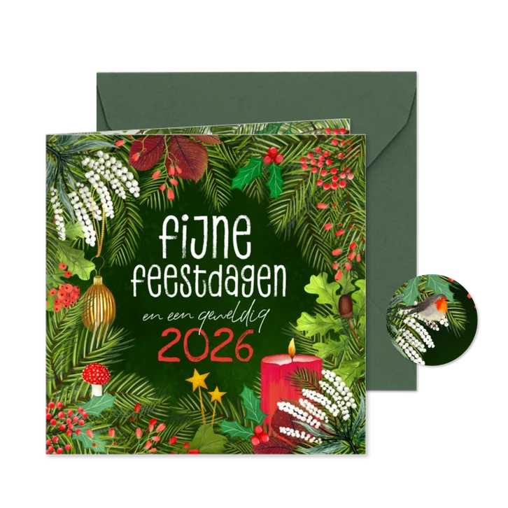 Botanische kerstkaart met kaars