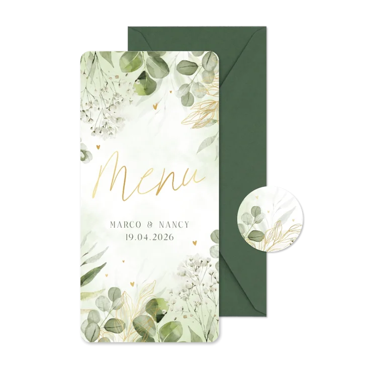 Botanische menukaart met waterverf en goudfolie