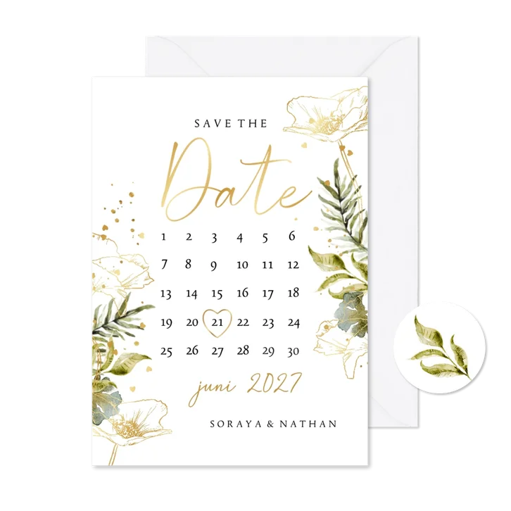 Botanische save the date kaart kalender watercolour goud