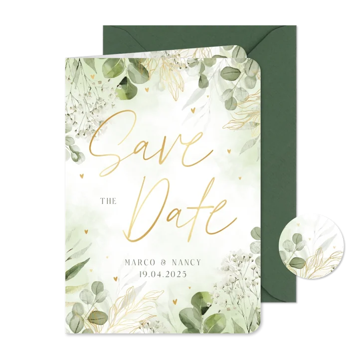 Botanische save the date kaart met waterverf en goudfolie