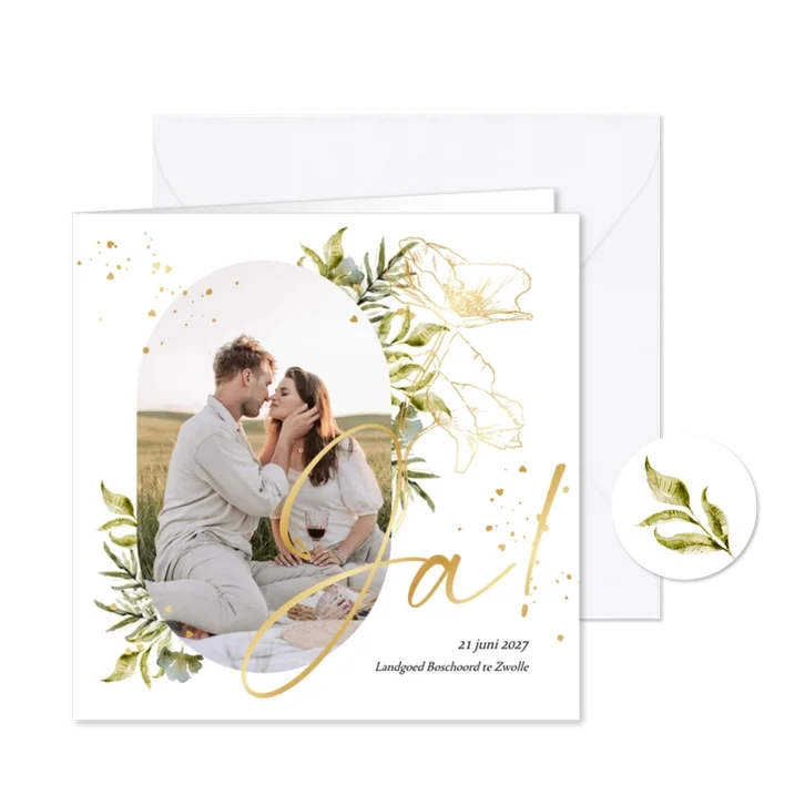 Botanische trouwkaart 'Ja!' watercolour bladeren goud foto