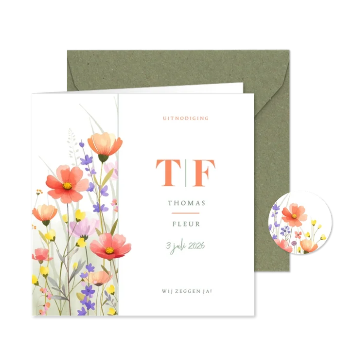 Botanische trouwkaart met aquarel gemengde wilde bloemen