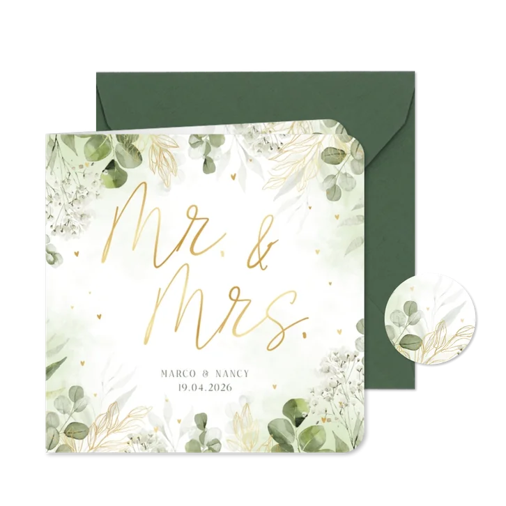 Botanische trouwkaart Mr. & Mrs. met waterverf en goudfolie