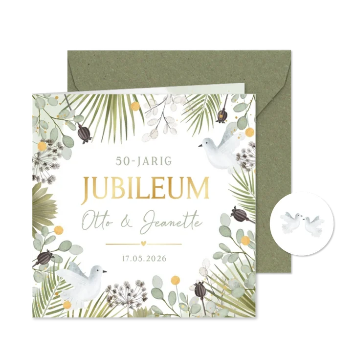 Botanische uitnodiging 50-jarig jubileum met duifjes