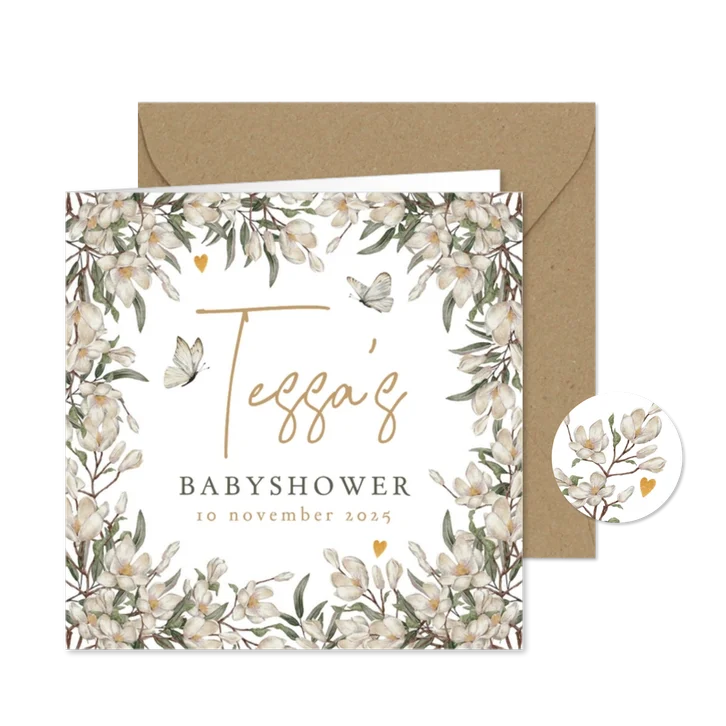 Botanische uitnodiging babyshower met bloemen en vlinders