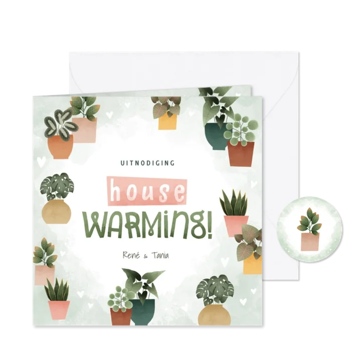 Botanische uitnodiging housewarming met planjes en hartjes